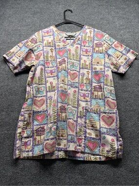 Cherokee Patchwork Print V-Neck Scrub Top in Pink, Purple, Blue